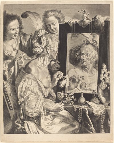 En gammel kvinne ved toalettbordet av Jeremias Falck after Johann Liss after Bernardo Strozzi
