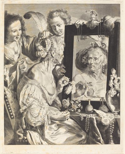 En gammel kvinne ved toalettbordet av Jeremias Falck after Johann Liss after Bernardo Strozzi