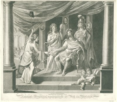 Allegori om nasjonalforsamlingen, 1796 Symbolsk kunsttrykk på nasjonalforsamlingen som representerer folket i Nederland (tittel på objekt) av Jeremias Snoek