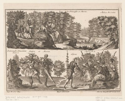 To teaterscener med figurer i et skogkledd landskap Les Princesses et Moron (tittel på objekt) av Jeremias Wachsmuth