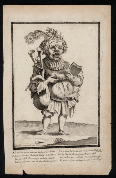 Mann som bærer et sett med sekkepiper og bærer en påfuglfjærhodeplagg, surrealistisk kostymetrykk, c1700 (gravering) av Jeremias Wolff