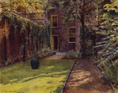 Carlyle House, utsikt over hagen og huset (farge litho) av Jessie MacGregor