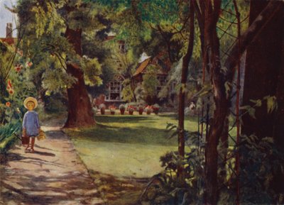 Kelmscott House, The Garden, ser fra elven (farge litho) av Jessie MacGregor
