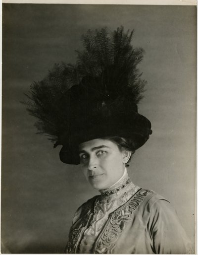 nærbilde av fjærkledd hatt, ca. 1905-18 (foto av gelatinsølv) av Jessie Tarbox Beals
