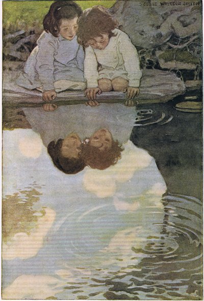 Barn som ser på refleksjonene sine, fra 'A Child's Garden of Verses' av Robert Louis Stevenson, utgitt 1885 (farge litho) av Jessie Willcox Smith