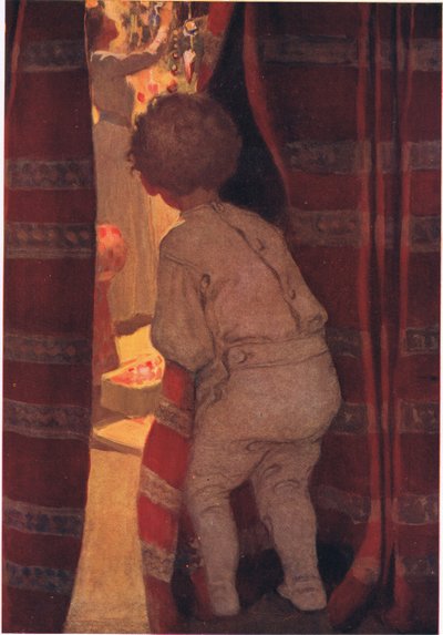 Han krøp ned for å ta en titt i stuen (farge litho) av Jessie Willcox Smith
