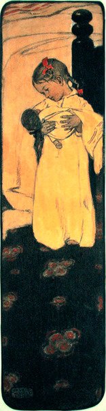 Liten jente med dukke (blyant, akvarell og lakk på papir) av Jessie Willcox Smith