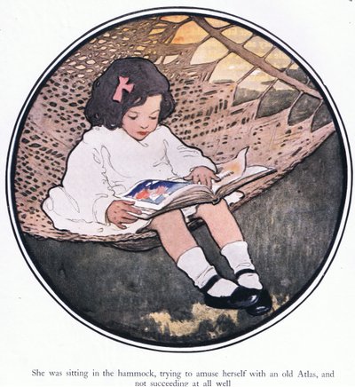 Hun satt i hengekøyen og prøvde å more seg med et gammelt atlas og lyktes ikke i det hele tatt (farge litho) av Jessie Willcox Smith