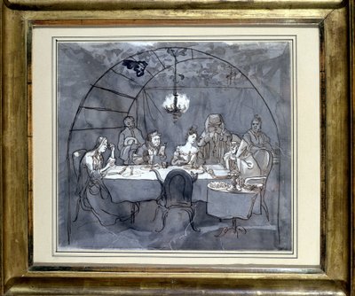 Fête des Cabanes på restauranten Kasher av familien til Moses Ulmann. Tegning på papir, pennevask i 1831 35,5 x 31,3 cm. (JM 189) Jødisk museum Basel, Sveits. av Jewish School