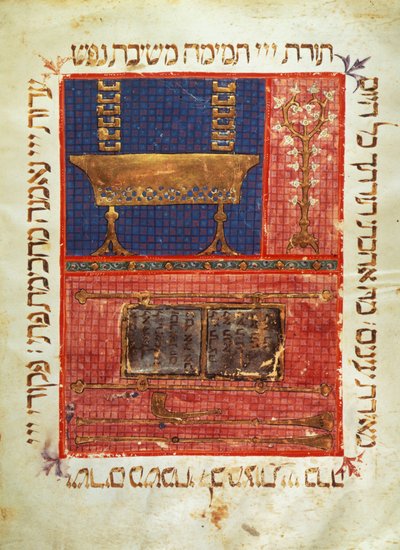 Side av et manuskript av en hebraisk bibel. Gjenstander for tilbedelse. 1300-tallsbelysning. av Jewish School