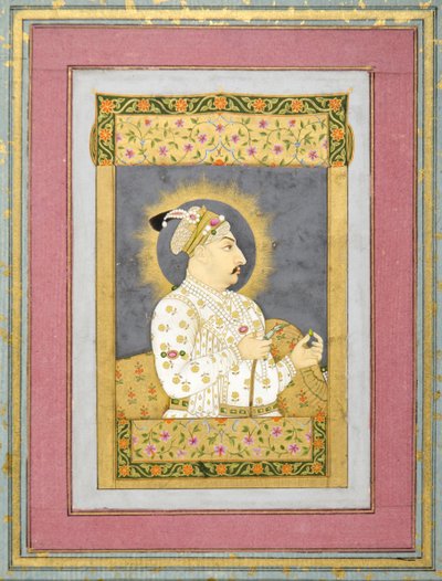 Portrett av Muhammad Shah som holder en smaragd og munnstykket til en Huqqa, ca. 1730 blekk med wc og gull på papir av Jharokha Nidha Mal