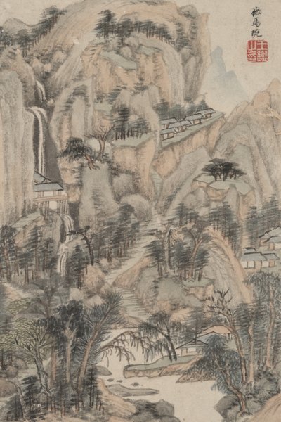 Landskap i stil med forskjellige gamle mestere: I stil med Ma Wan, 1669 (blekk og farge på papir) av Wang Jian