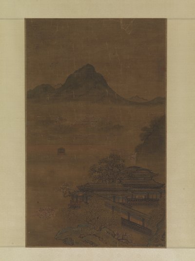 Palatial Pavilions In Spring Mists (blekk, farge og gull på silke) av Jiang Yuan