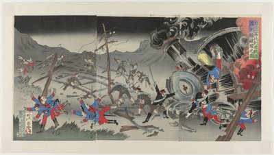 Ødeleggelse av jernbanen i Manchuria under den russisk-japanske krigen Nichiro Shiberia tetsudô Manshûsen hakai no zu (tittel på objekt) av Jinsai Rosetsu