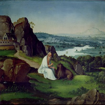 St. Hieronymus i et landskap (olje på panel) av Joachim (style of) Patenier or Patinir