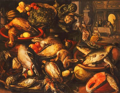 Vilt, fisk, frukt og grønnsaker i kurver og boller i et spisekammer, 1569 av Joachim Beuckelaer