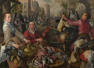 De fire elementene: En fjærfestall i en by med den fortapte sønnen bortenfor - en allegori om luft, 1569 av Joachim Beuckelaer