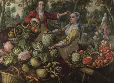 De fire elementene: Jorden. Et frukt- og grønnsaksmarked med flukten til Egypt i bakgrunnen - av Beuckelaer (Beuckelaer), Joachim (1533-1574) - 1569 National Gallery, London av Joachim Beuckelaer