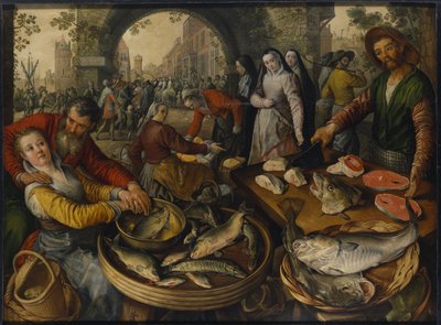 Et fiskemarked med scene fra Ecce Homo - Et fiskemarked med Ecce Homo, av Beuckelaer, Joachim (ca. 1533-1574). olje på tre av Joachim Beuckelaer