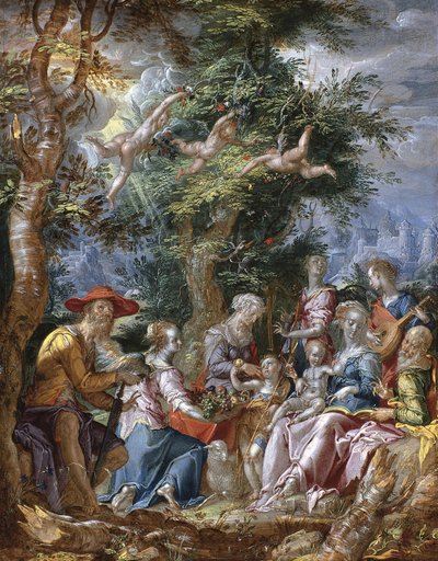 Den hellige familie med hellige og engler av Joachim Wtewael or Utewael