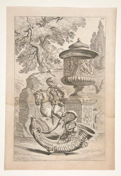Et relieff av krigere, en tildekket vase dekorert med et bakrelieff og et overflødighetshorn i et landskap av Joachim von Sandrart