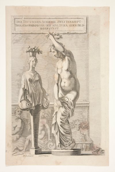En statue og en kvinnelig herm som bærer vaser og frukt av Joachim von Sandrart