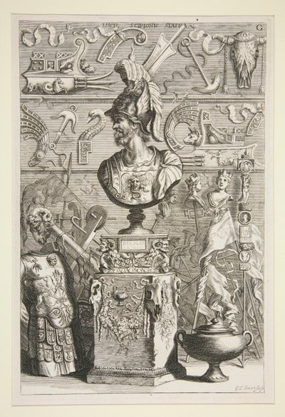 En statue av Lucius Sciopione, rustning og andre antikke bannere og fragmenter av Joachim von Sandrart