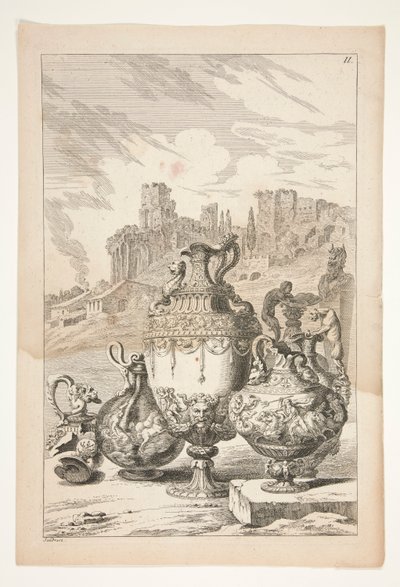 Fire vaser, en ødelagt vase, en ødelagt lysestake og en herm i et landskap med klassiske ruiner av Joachim von Sandrart