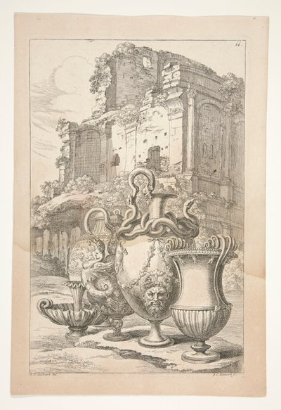 Vaser i et landskap blant antikke ruiner av Joachim von Sandrart