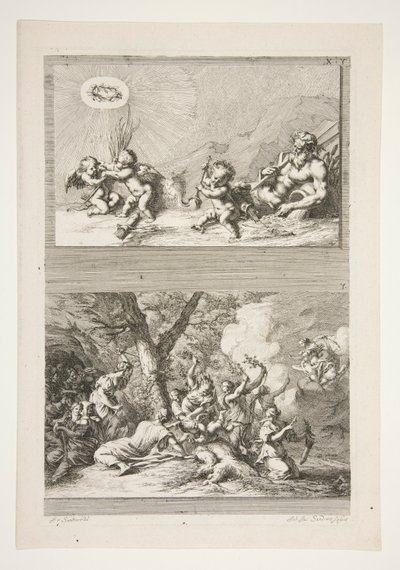 øvre halvdel: A River God og Putti leker med symbolene for berømmelse nederste halvdel: The Punishment of Cupid av Joachim von Sandrart