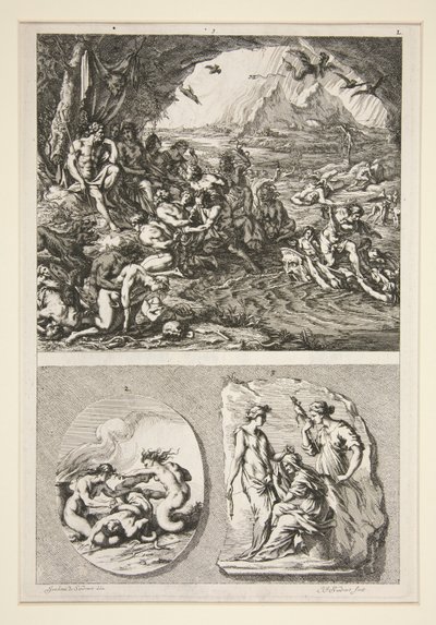 øvre halvdel: Quos Ego? nederste halvdel: To antikke relieffer: De tre skjebnene og et ukjent emne av Joachim von Sandrart