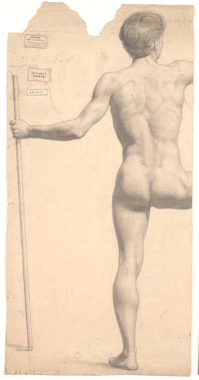 Stående mannlig modell, sett bakfra, stav i venstre hånd, høyre arm og ben avskåret av Joakim Frederik Skovgaard