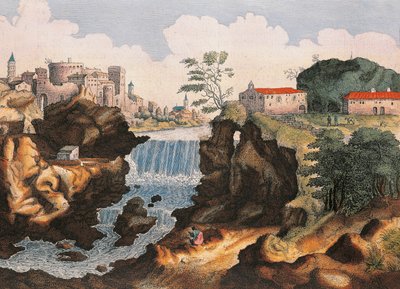 Aniene-fossen i Tivoli (Roma), Fra Italias underverker, av Joan Blaeu, maleri av Joan Blaeu