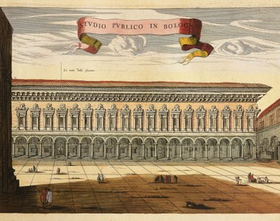 Italia, Bologna, utsikt over den offentlige studien (Studio Pubblico) i 1600, gravering fra Theatrum Civitatum et Admirandorum Italiae av Jean Blaeu, Amsterdam av Joan Blaeu