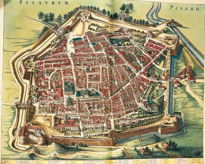 Italia, kart over Pesaro, fra Theatre of the City and the Wonders of Italy av Joan Blaeu, gravering av Joan Blaeu