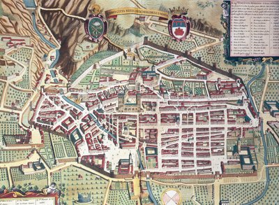 Kart over Gubbio, Italia, fra The Theatre of the City and Wonderful Italy av Joan Blaeu, gravering av Joan Blaeu