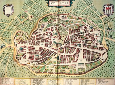 Kart over Velletri av Joan Blaeu, fra teateret til byene og underverkene i Italia, gravering av Joan Blaeu