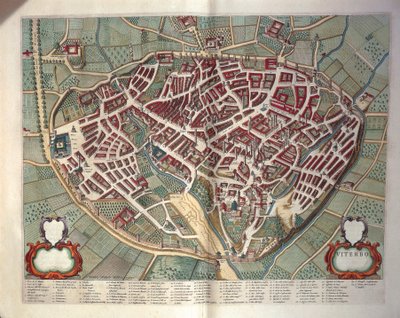 Kart over Viterbo fra teateret til Italias byer og underverk, av Joan Blaeu, gravering av Joan Blaeu