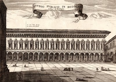 Archiginnasio-palasset, Bologna, Emilia-Romagna, Italia, kobberstikk, ca 21x29 cm av Joan Blaeu