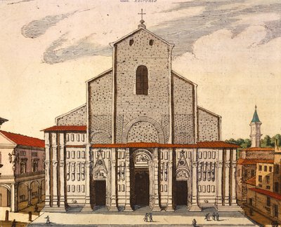 Basilikaen San Petronio i Bologna, av Joan Blaeu (1596-1673), trykk fra Theatrum Civitatum et Admirandorum Italiae, Italia av Joan Blaeu