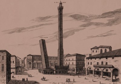 De to tårnene (Asinelli og Garisenda), Bologna, Bologna, Emilia-Romagna, Italia, kobberstikk, ca 21x29 cm av Joan Blaeu