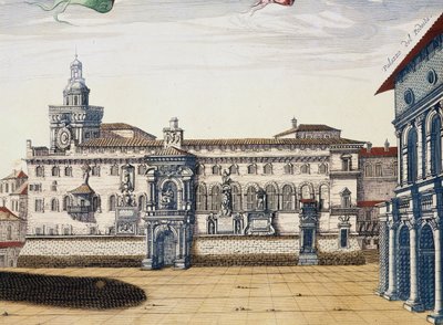 Utsikt over det gamle torget i Bologna, gravering av Giacomo Lauro og Joan Blaeu fra Theatre of the Cities and Wonders of Italy, utgitt i Amsterdam i 1663 av Joan Blaeu