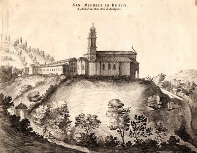 Utsikt over San Michele i Bosco-klosteret, Bologna, Emilia-Romagna, Italia, kobberstikk, ca 21x29 cm av Joan Blaeu