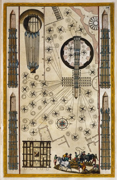 Vinsjer for å flytte obelisk, gravering fra The Theatre of the City and the Wonders of Italy, av Joan Baleu (1596-1673) av Joan Blaeu