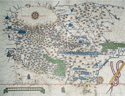 Kart over Asia, inkludert Armenia, Iran, Afghanistan, med vindrose, detaljer om havner, kyster og sjøruter, i Atlas de Joan Martines av Joan Martines