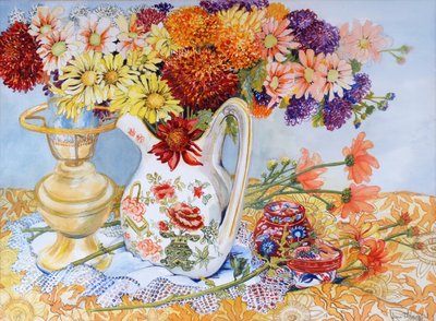 Chrysanthemums in a Chinese Jug, 2012,wc på papir av Joan Thewsey