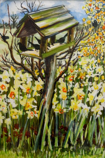 Påskeliljer og fugler i fuglehuset, 2000, (gouache) av Joan Thewsey