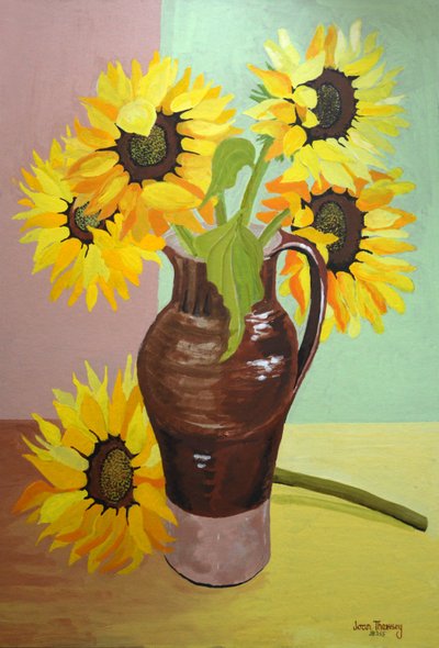 Fem solsikker i en høy brun kanne, 2007 (gouache) av Joan Thewsey