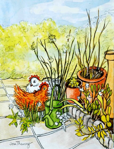 Hens and Pots, Lucy Redman Open Garden, 2000, (blyant med akvarellvask) av Joan Thewsey
