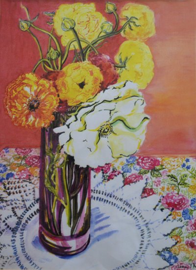 Ranunculus på en blondeklut, av Joan Thewsey